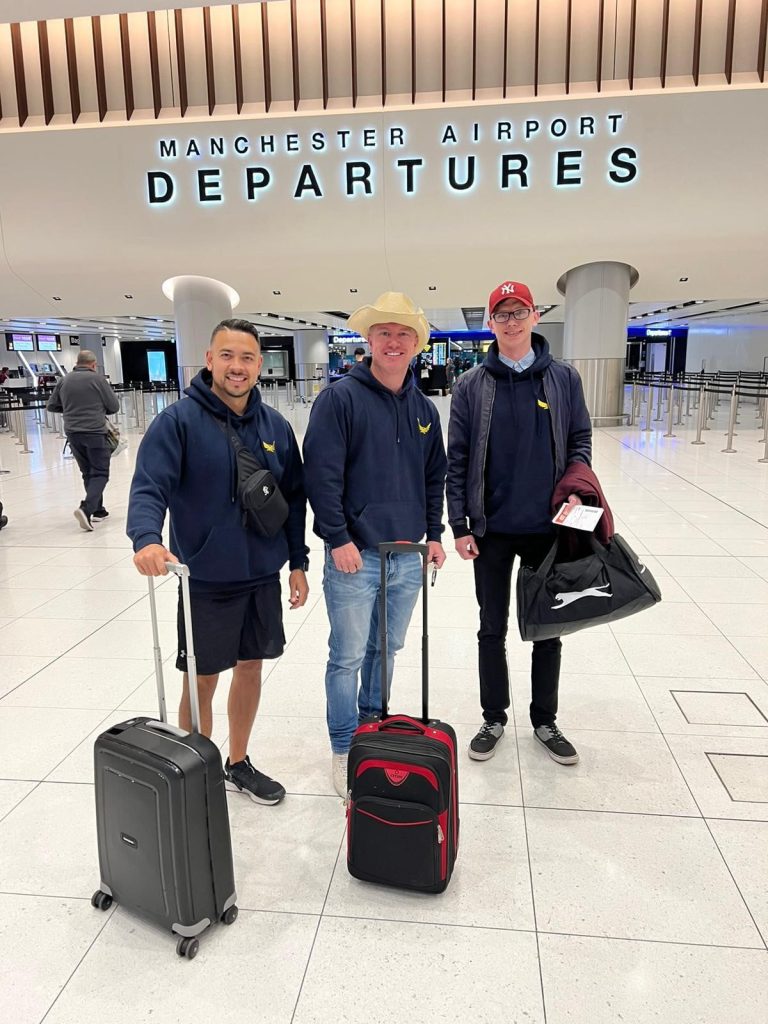Our founder Chris Hickey, standing next to Matthew Warbuton & Matthew Buchacan at Manchester Airport on our way to Palma, Majorca