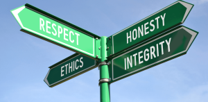 Direction post with signs that say say ' ethics', 'respect', 'honesty' and 'integrity' pointing in different directions.