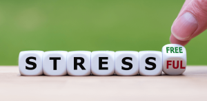 Stress and Burnout in the workplace - blocked spelling out Stress and a final block saying -ful and -free
